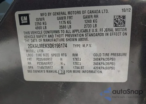 2013 GMC Terrain Sle-1 из США, поврежденный, VIN 2GKALMEK3D6196174